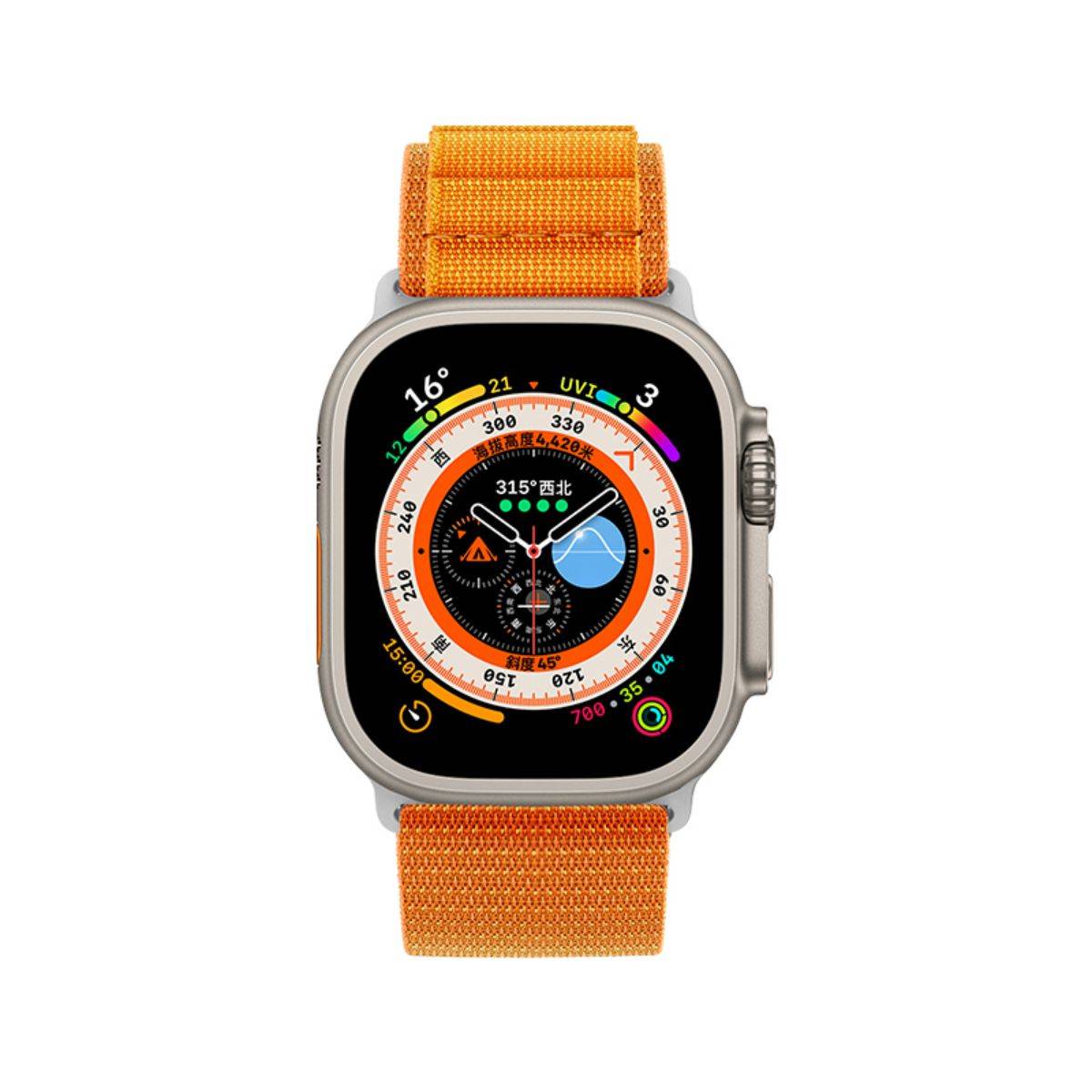 Front view of an Apple Watch Ultra with the orange Mountain Series Nylon Band, highlighting its rugged yet stylish design.